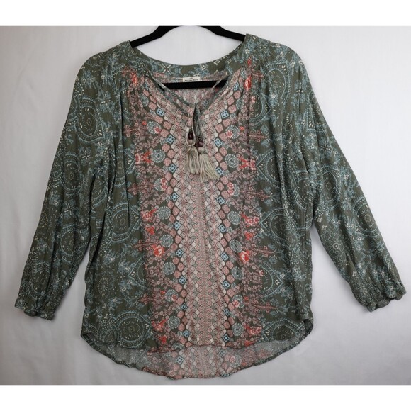 Mason & Belle Blouse Women's Large Green Pink Floral Tasseled Boho Peasant Hippy - Picture 7 of 9